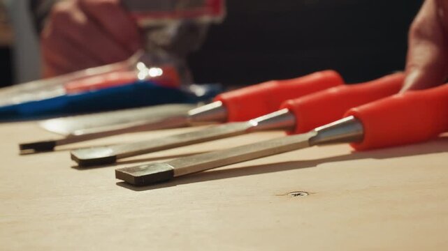 Shows several wood chisels arranged in sequence. Hands select and handle woodworking hand tools on wooden workbench indicating preparation for joinery or carpentry tasks