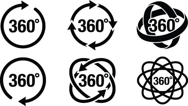 360 Degree Rotation Arrow Icon Set, Circular Rotate and 360 View Vector Symbols, 360 degree rotation arrow vector icon symbol for panoramic view and virtual tour with arrow circle spin graphic degrees