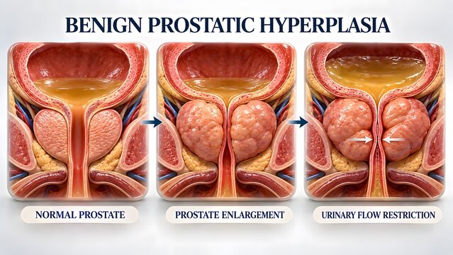 AI generated benign prostatic hyperplasia medical illustration showing stages of prostate enlargement and urinary flow