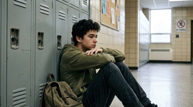 Teenage boy sitting alone in school hallway feeling sad and isolated leaning against lockers