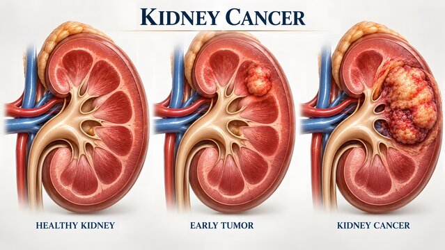 AI generated medical illustration of kidney cancer stages showing healthy organ, early tumor, and advanced carcinoma