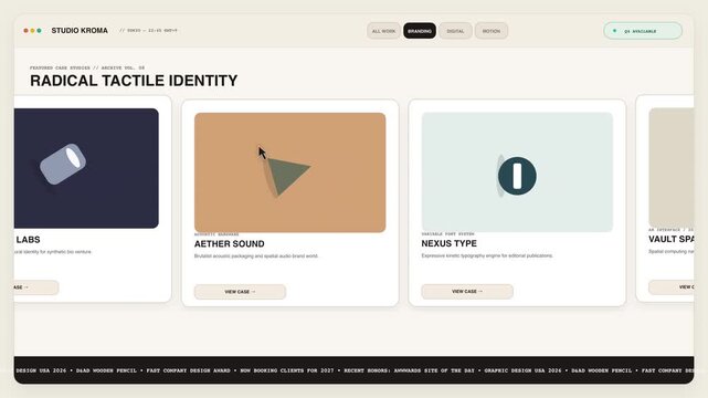 Website interface displays modern digital portfolio layout with minimalist design elements and typography.