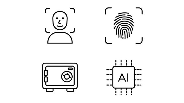 Biometric security icon pack with face recognition, fingerprint scanner, safe box and AI chip seamless loop for presentations on transparent background