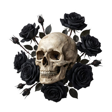 Gothic Human Skull with Wreath of Black Roses Isolated on transparent Background png file