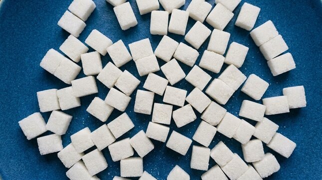 Sweet Sugar Cubes Scattered on Blue Plate Close up Overhead View Food Ingredient Healthy Lifestyle Concept