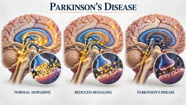 AI generated medical illustration of Parkinson's Disease brain anatomy comparing normal dopamine and reduced signaling