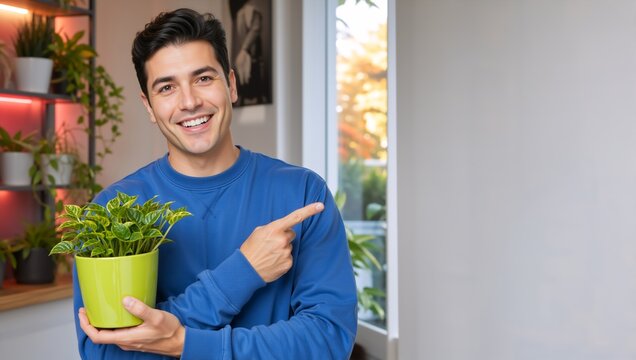 Smiling young man holding a green potted plant and pointing to copy space. Happy male presenting blank wall for text