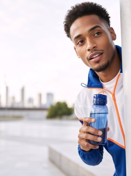 Athletic young man holding water bottle after outdoor workout. Vertical portrait of male runner staying hydrated in urban park