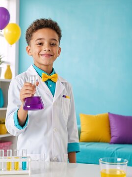 Young boy in lab coat holding a beaker with purple liquid. Vertical portrait of kid doing chemistry experiment in classroom. Science education concept