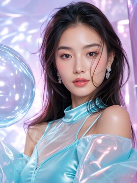 Vertical portrait of an Asian woman in futuristic shiny fashion. Glamour beauty model posing with holographic balloon spheres