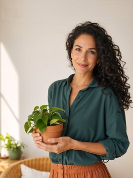 Smiling woman holding a potted green houseplant. Portrait of a female with curly hair in a bright room with natural sunlight