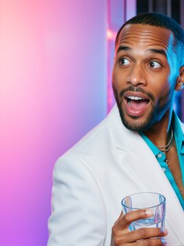 Surprised young Black man holding a glass of water in a neon lit club. Vertical portrait of an excited African American male in white suit looking away. Party and nightlife concept