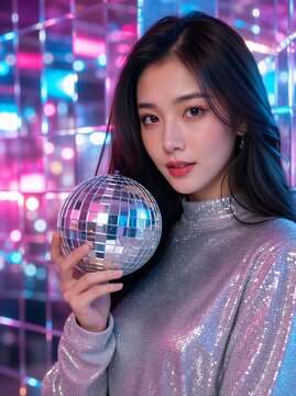 Young Asian woman holding a silver disco ball in a neon lit club. Vertical portrait of a female model in sparkly top ready for a party. Retro nightlife and celebration concept