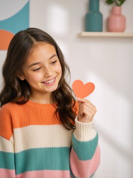 Vertical portrait of a smiling young girl holding an orange paper heart. Child in a striped sweater in a cozy room