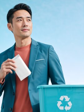 Vertical portrait of an Asian man holding a white object next to a blue recycling bin. Environmental sustainability and eco-friendly lifestyle concept
