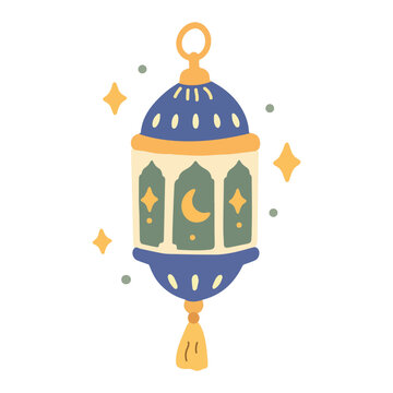 Ramadan lantern with crescent moon and stars, traditional Islamic decorative light for Ramadan celebration hand drawn vector illustration