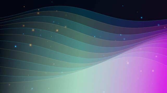 Static shot of elegant multi layered gradient wave ribbons undulating smoothly with glowing particles on dark background