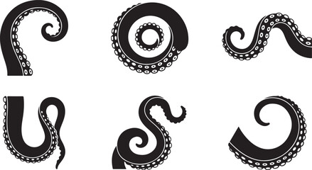 Set of black octopus tentacle silhouettes with suckers in various curled and twisted shapes isolated on a white background, for use © Lutfar_Rahman