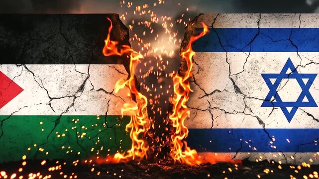 Israel and Palestine flags separated by flames and broken ground, Middle East conflict, political confrontation, regional crisis, symbolic illustration