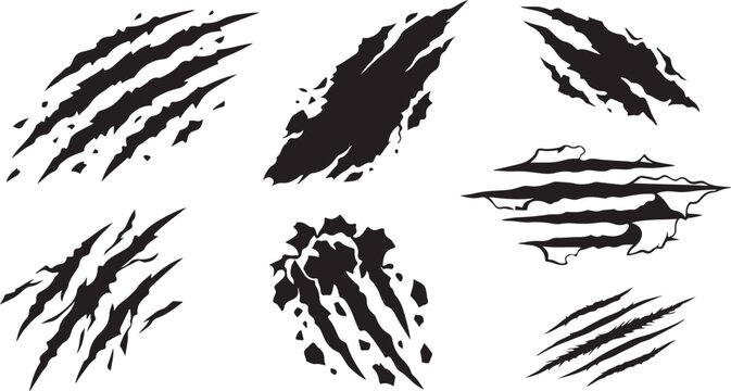 Set of six black silhouette claw marks and scratch patterns isolated on a white background, representing animal damage, or aggressive textures