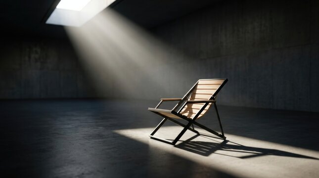 Solitary deckchair illumination: skylight shaft, concrete bunker, serene isolation, peaceful retreat, minimalist sanctuary, shadow contrast, hopeful beam.