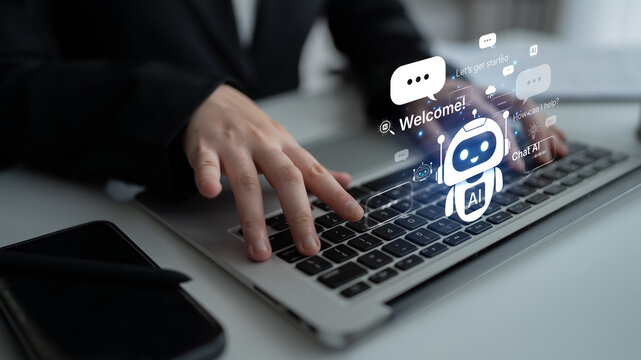 Welcome message introduces chat AI assistant for instant help. Chat AI supports questions and tasks, and chat AI improves service with friendly NLP chatbot onboarding. Corpus