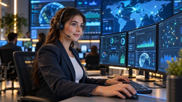 Portrait of Professional IT Technical Support Female Specialist Working on Computer in Monitoring Control Room with Digital Screens