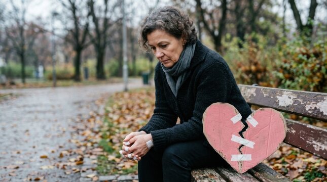 Sad Woman with Broken Heart Symbol Sitting on Park Bench Emotional Concept