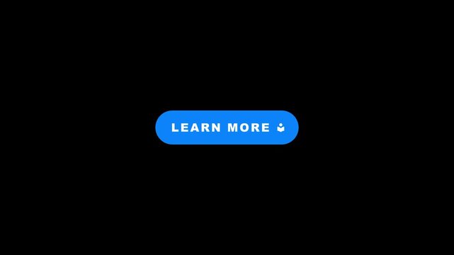 Animated blue learn more button loop with dynamic word scale animation and pulsating graduation education icon on black background in 4K resolution.