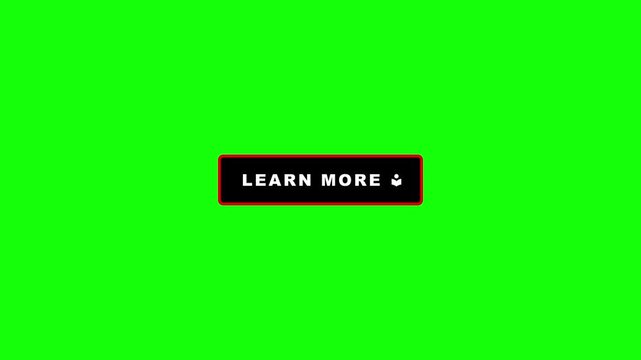 Animated learn more button loop with dynamic word scale animation and pulsating graduation education icon on green screen chroma key background in 4K resolution.