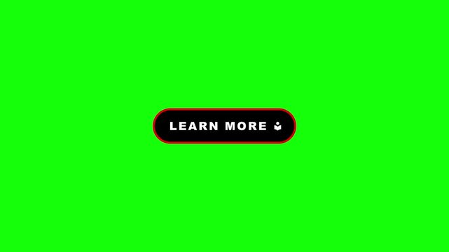 Animated learn more button loop with dynamic word scale animation and pulsating graduation education icon on green screen chroma key background in 4K resolution