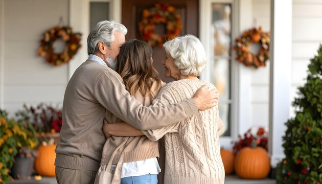 Grupo de personas abraz&aacute;ndose frente a una casa decorada en oto&ntilde;o