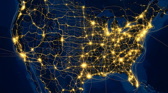 Aerial view of urban city lights at night forming a glowing network pattern across the united states with urban density infrastructure illumination satellite geography population landscape