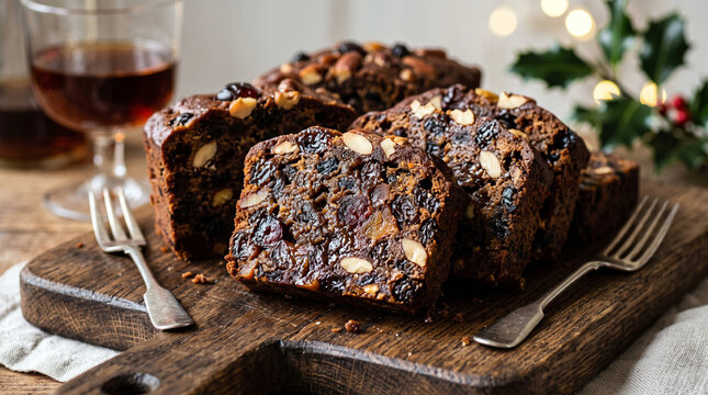 Rich Christmas Fruitcake Slices with Nuts and Dried Fruits on a Wooden Board