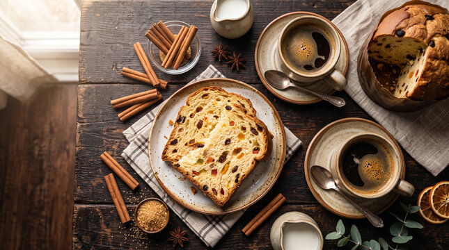 Festive Panettone Slices with Coffee and Cinnamon Sticks on Rustic Wooden Table