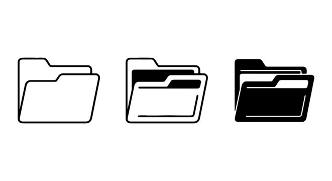 A series of three folder icons showcase variations in line art, filled lines, and solid black rendering for document management representation.