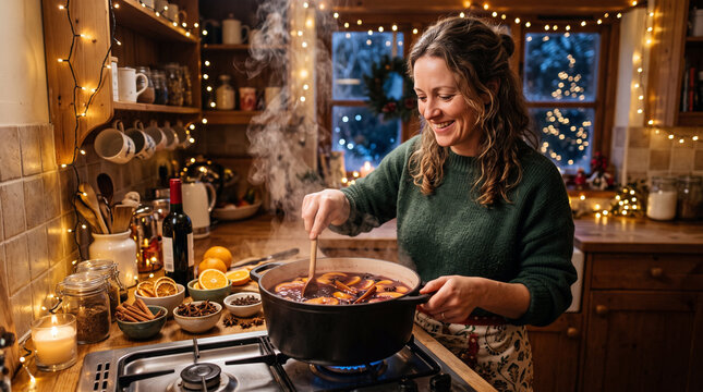 Woman happily making mulled wine in a cozy kitchen decorated with Christmas lights