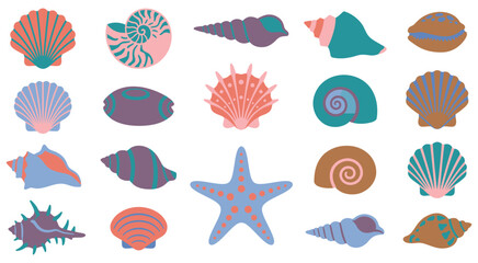 Obraz premium Marine seashells and starfish colorful collection set.
