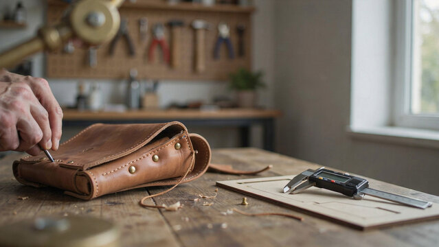 Leather artisan hands crafting a leather bag at a rustic wooden workbench in a workshop with workbench workshop craftsmanship handmade leatherwork handcraft creation profession stitching