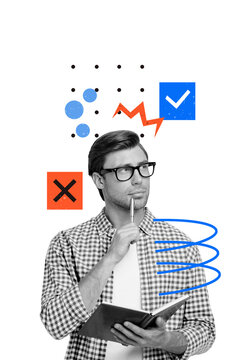 Exclusive image vertical photo collage of minded businessman hold planner notepad pen choice cross checkmark approval project sign hmm