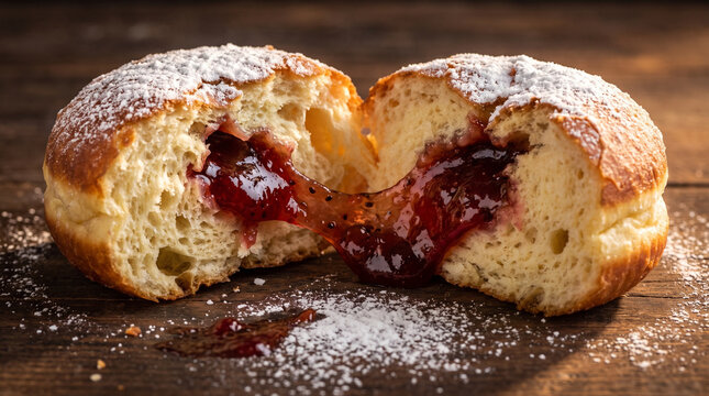 Traditional Jewish sufganiyot jelly donut with powdered sugar on a wooden table. Hanukkah holiday dessert for festive baking and cultural cuisine