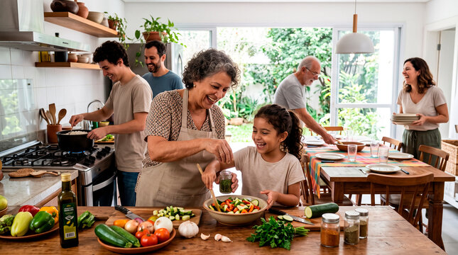 Family preparing weekend lunch in bright kitchen with fresh vegetables