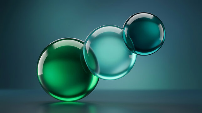 Three interconnected emerald green glass spheres on dark teal background with glass balls abstract shapes floating objects 3D render