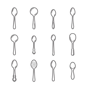 Collection of twelve diverse spoon illustrations on white background in simple line art style