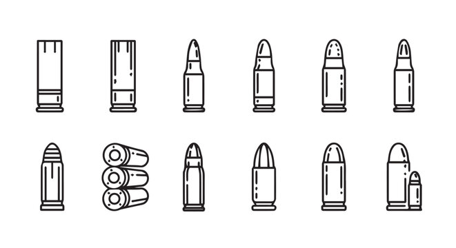 Collection of various ammunition types in a clean line art style against a white background for design