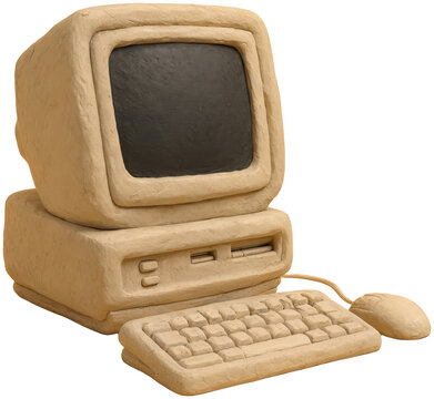 Clay computer sculpture with monitor keyboard and mouse