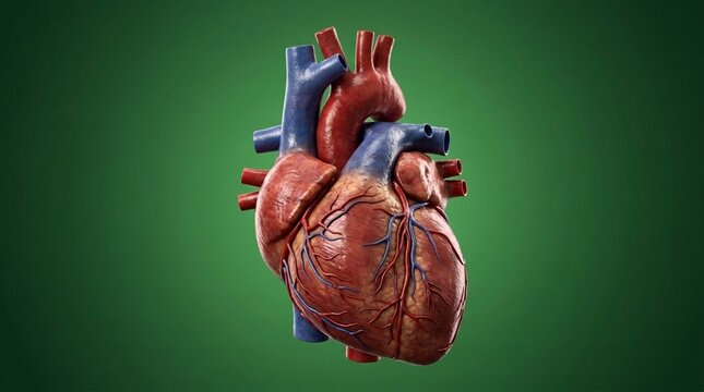 Realistic Human Heart Anatomy Illustration with Blood Vessels on Green Background Medical Healthcare Concept