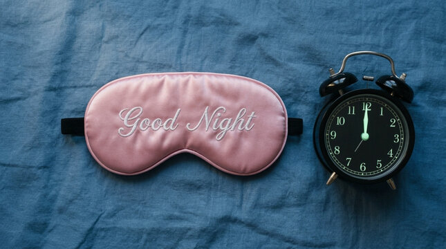 Pink Satin Sleep Mask with Good Night Embroidery and Vintage Alarm Clock on Blue Fabric Bedding