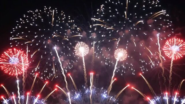 Colorful festive fireworks exploding in night sky celebration