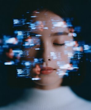 Digital glitch portrait of a person with closed eyes
